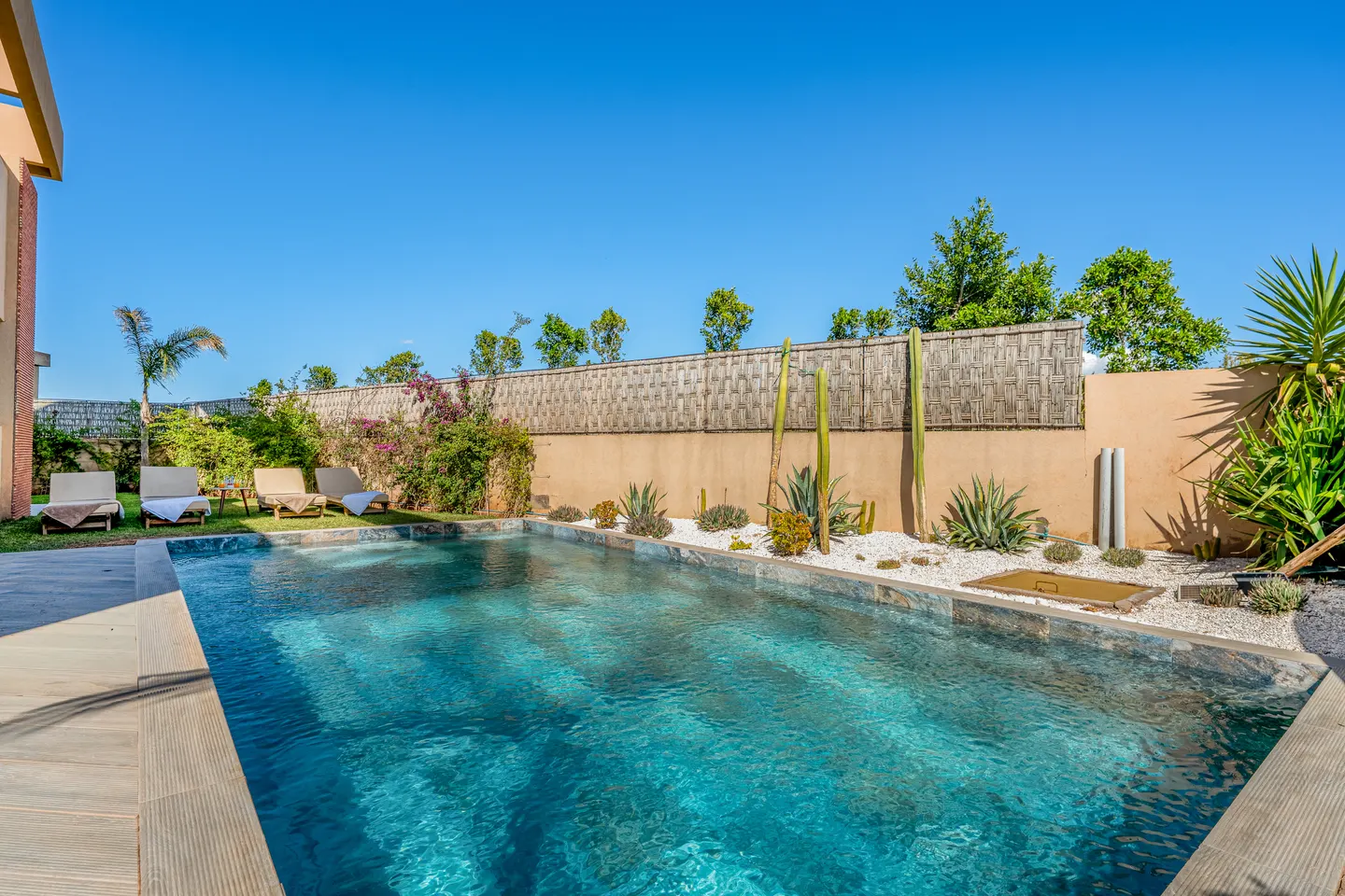 Turquoise pool bordered by cacti and the garden wall