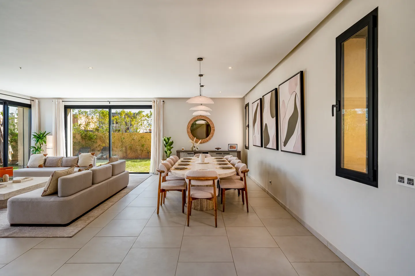 Dining table for twelve next to the living room